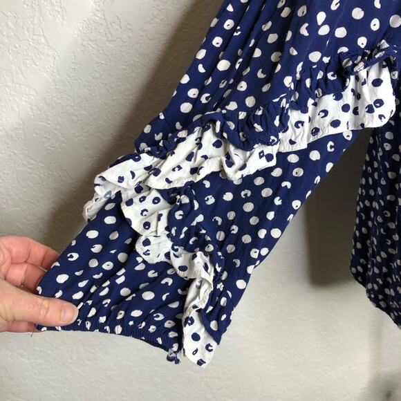 Soft Surroundings blue white polka dot ruffle trim top size Large - Picture 6 of 13